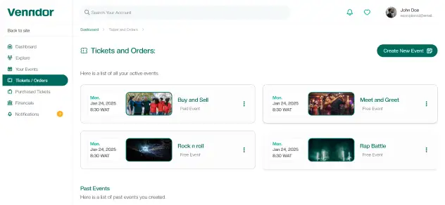 Venndor ticketing dashboard showing active events